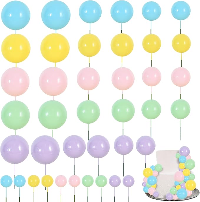 BEISHIDA 40 Pcs Foam Ball Cake Toppers with Sticks Mini Cake Decorations for Birthdays, Easter, Weddings, Baby Showers, Spring, Anniversary Party Supplies (Pastel Color)