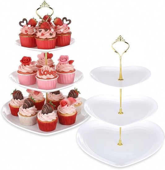 Layhit 2 Pack Wedding 3 Tier Cupcake Stand Heart Shaped 3 Tiered Serving Trays for Party Plastic Tray Dessert Cupcake Stand for Tea Party Baby Shower Wedding (White)