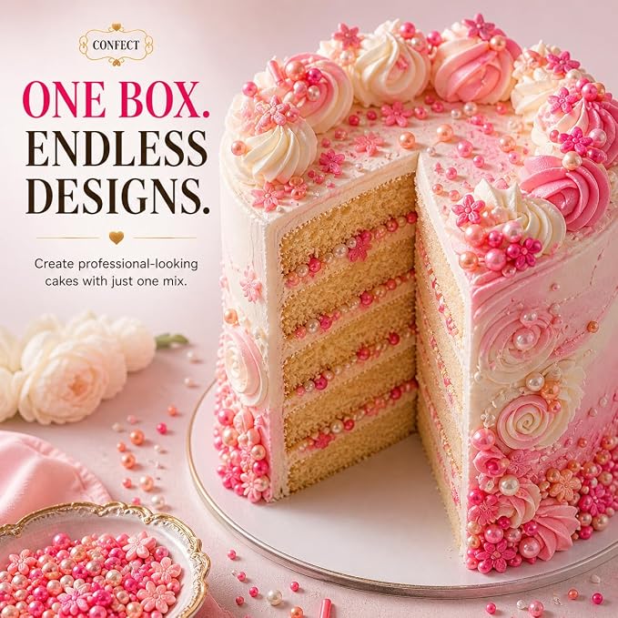 Confect Pretty in Pink, Gold & White Flower & Pearl Sprinkles Mix – Heart & Star Edible Sprinkles for Cakes, Cupcakes, Cookies – Valentine’s Day Baking Decorations – Pack of 5 - Vegan, Gluten-Free, Nut-Free, Soy-Free, Dairy-Free, Palm Oil-Free- 5 Oz