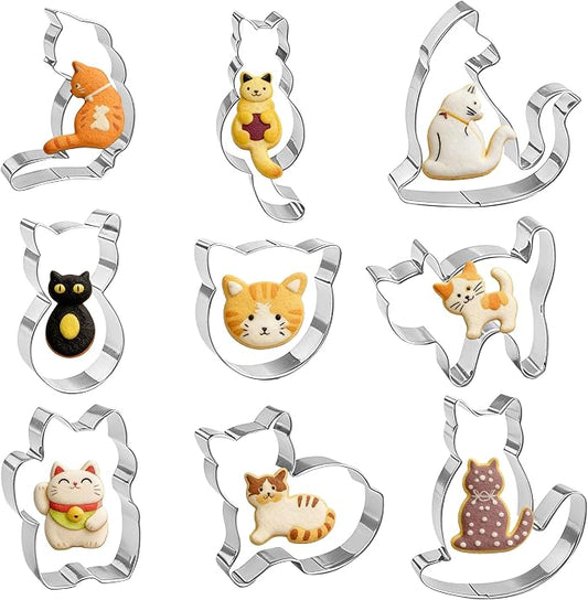 9 PCS Cat Cookie Cutter Set, Stainless Steel Kitten Shaped Cookie Cutter Pet Cats Biscuit Cutters Molds DIY Crafts Baking Molds for Cat Lover Cat Theme Party Homemade Treats Baking