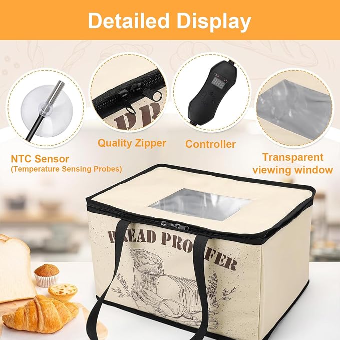 Dough Proofer with Heater丨50°F-113°F Temperature Control, Sourdough Bread Making Tools Kit, Foldable Design/Zippered Window, for Sourdough, Homemade Pizza, Fermented Foods