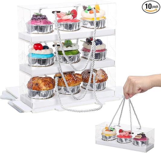 EUSOAR Cupcake Boxes, 10 Pcs 9"x3"x3" White Clear 3 Compartments Take out Containers for Muffins, Rectangular Portable Dessert Pastry Holder Cookies Wrappers for Birthday Wedding Party Bakery