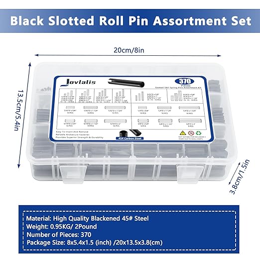 370 Pcs Roll pin Assortment, SAE Roll Pin Set, Slotted Spring Pins, Steel Split Expansion Pin, Black Roll Pins, 1/16 5/64 3/32 1/8 5/32 3/16 7/32 1/4 5/16 3/8 Inch Spring Dowel