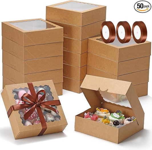 COTOPHER Auto Pop Up Cookie Box with Window 8x8x2.5 Inches – 50 Pack Brown Bakery Boxes with Ribbon for Birthday Party Favors, Wedding, Christmas Gift Packaging for Cookies, Candy, Macarons