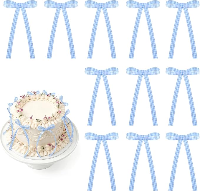 30 Pack Bow Cake Toppers Blue Gingham Ribbons Bows for Cake Bow Cupcake Toppers Blue Gingham Bow Birthday Decorations for Baby Shower Birthday Wedding Party Supplies