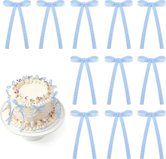 30 Pack Bow Cake Toppers Blue Gingham Ribbons Bows for Cake Bow Cupcake Toppers Blue Gingham Bow Birthday Decorations for Baby Shower Birthday Wedding Party Supplies