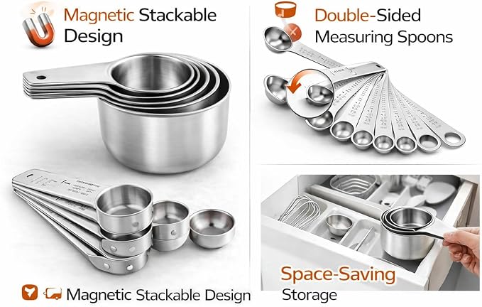 15 Piece Measuring Cups and Spoons Set, Stainless Steel Stackable Measuring Cups, Magnetic Measuring Spoons, Metal Baking Measuring Set for Cooking & Baking