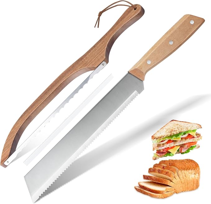 Luzarriba Bread Knife, Bow Bread Knife for Homemade Bread, Sourdough Bread Slicer for Homemade Bread, Sourdough Bread Cutter, Wooden Bread Knife with Cover - Premium Stainless Steel (2, Beech+Metal)