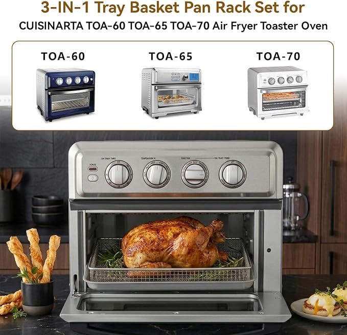 3PCS Air Fryer Replacement Tray for Cuisinar TOA-060/065 Toaster Oven Parts | Air Fryer Tray and Basket for Oven, Steel Baking Sheet Pan with Wire Rack Accessories for Cooking Bread and Broiling,NonStick