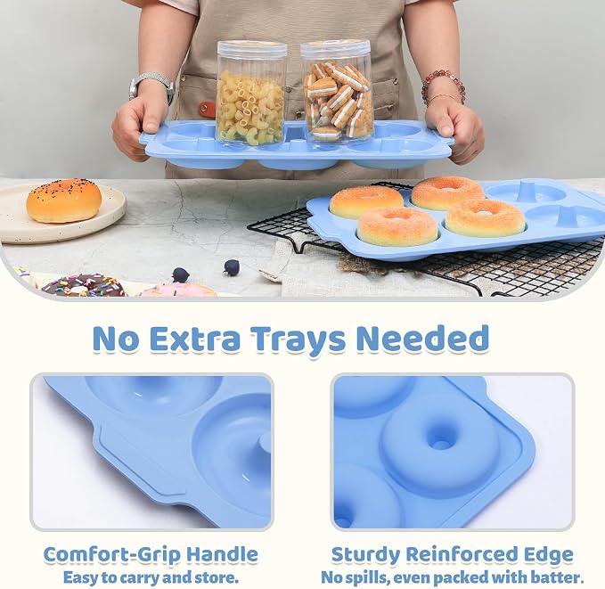 Nonstick Silicone Donut Pan: 3.5 Inch Large Donut Mold with Metal Frame - Bagel Doughnut Pan for Baking Gluten Free Glazed Vegan - for Oven Housewife Home Baker Baking Lovers (Blue)