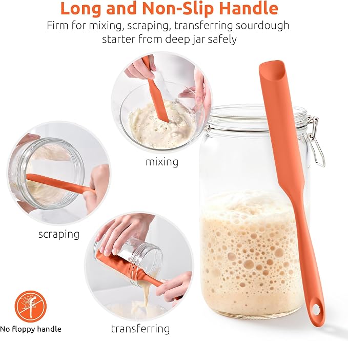 U-Taste Silicone Jar Spatula for Sourdough Starter: Long Skinny Food-Grade Jam Spreader, Sturdy Stirring Stick Bowl Scraper with Flexible Spoon Tip, Mixing Icing Tool, Peanut Butter Knife (Orange)