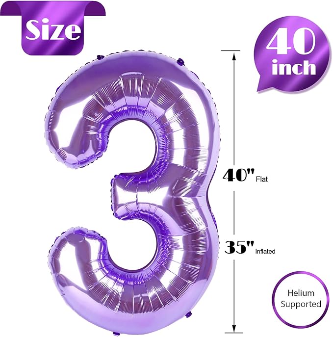 Purple Number 3 Balloon 40 Inch, 3rd Birthday Celebration Supplies for Girls Boys Women Men, 3 Balloon for Girls Boys Theme Party