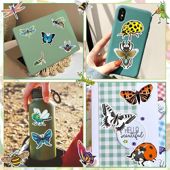 50 Pcs Insect Stickers for Kids Teens Water Bottles Laptops Scrapbook Decoration Party Favors Classroom Rewards Butterfly Ladybug Bug Theme Waterproof Vinyl Decals