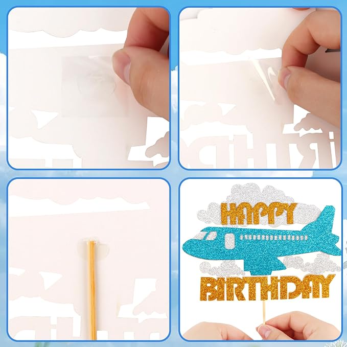 Hooqict 25Pcs Airplane Cake Decorations Set with Mini Plane, Blue White Cloud Happy Birthday Cake Toppers & Cupcake Toppers for Travel Themed Airplane Birthday Party Decorations Supplies