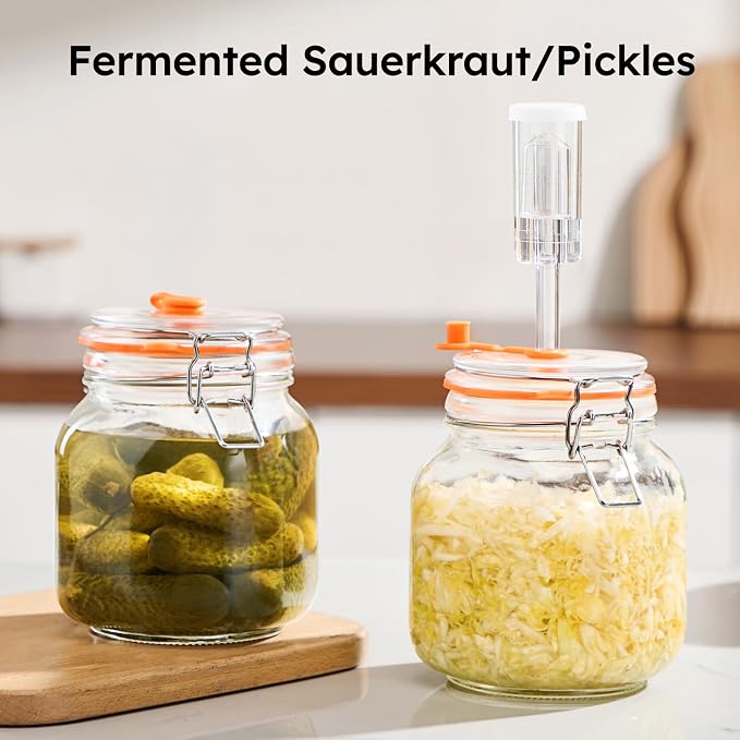 Jillmo 1 Liter Fermentation Jar, Square Glass Fermenting Kit with Weights for Making Sauerkraut, Kimchi, Pickles & More, Pack of 2