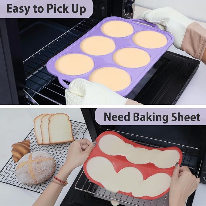 4 Inch Jumbo Silicone Muffin Top Pan with Metal Frame, Non Stick Silicone Egg Mold for Oven, Large Whoopie Pie Baking Pan with Handle for English Breakfast Sandwich, Egg Bite, Bun Tart, Purple