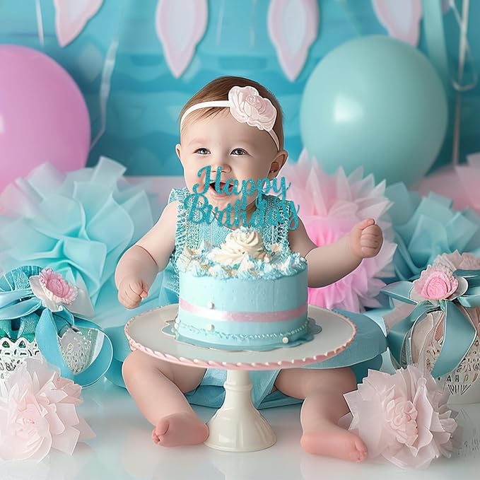 BEISHIDA Lake Blue Happy Birthday Cake Topper, Happy Birthday Cake Bunting Decor,Birthday Party Decoration Supplies，Photo Booth Props