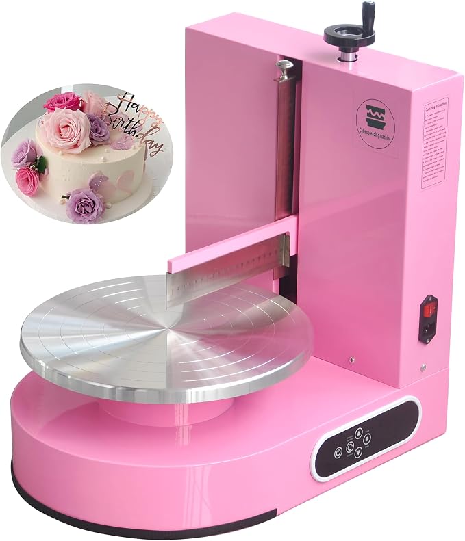 Semi Automatic Birthday Cake Smoothing Coating Machine, AC110V 4-14in Cake Cream Spreading Machine, Cakes Decorating Cream Coating Machines Turntable with Graduated Scraper, Baking Supplies (Pink)
