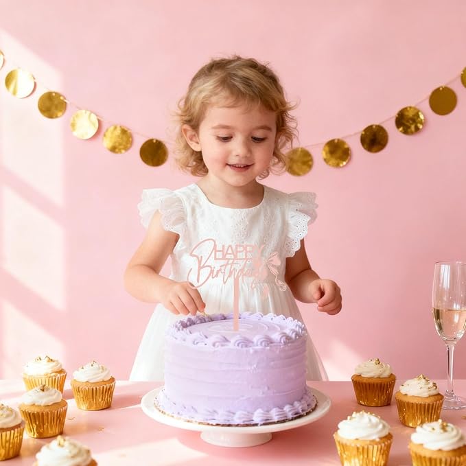 ZHENGYE Rose Gold Bow Happy Birthday Cake Topper Bow Themed Decoration Sign For Birthday Party Decorations Supplies