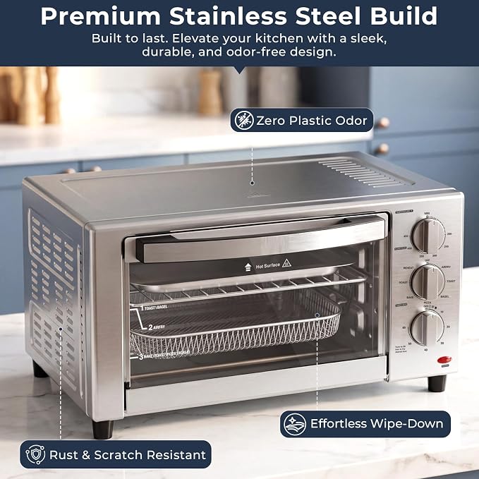 Air Fryer Toaster Oven with Grill, 23 QT Quiet Convection Oven Countertop, 7 Presets, Air Fry, Toast, Bagel, Bake, Roast, Fits 12" Pizza, Stainless Steel