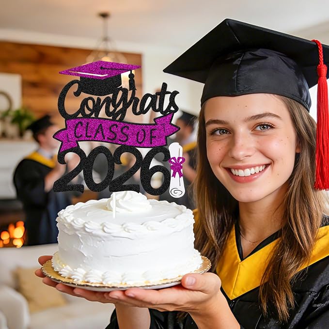 Congrats Class of 2026 Cake Topper Congrats Grad Cap Diploma Theme for High School Happy Graduation Party Supplies College Graduate Decoration (Purple)