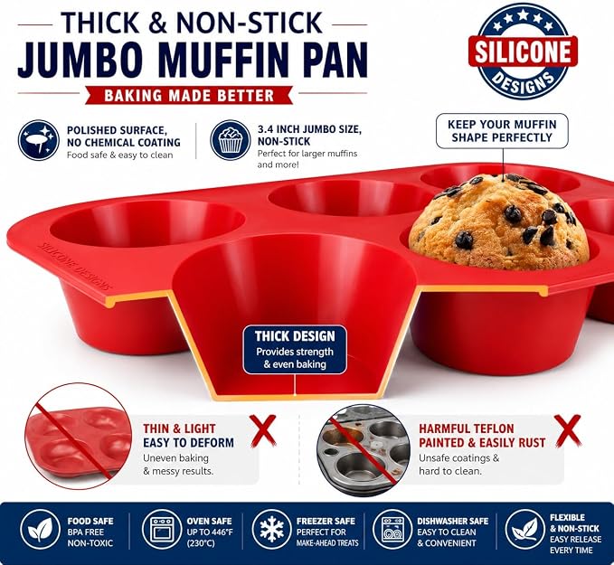 Silicone Texas Muffin Pan 6-Cups, Jumbo Muffin Pan Set of 2, BPA-Free Non-Stick Cupcake Maker, 10.75L x 7.5W for Baking