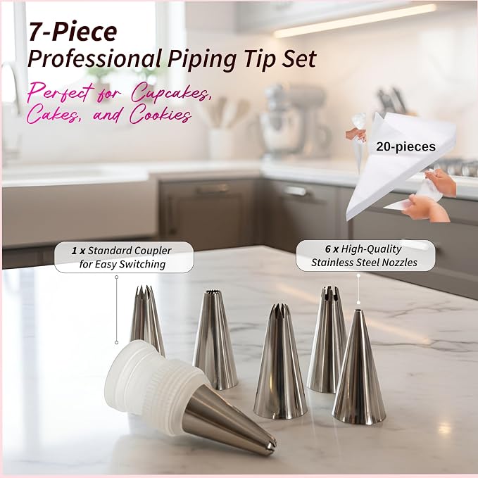 Piping Bags and Tips Set, Piping Tips, 20 Piping Tips, Stainless Stell Machine Washable For Chefs and Kitchens Whipped Cream Tip Set (6-Piece)