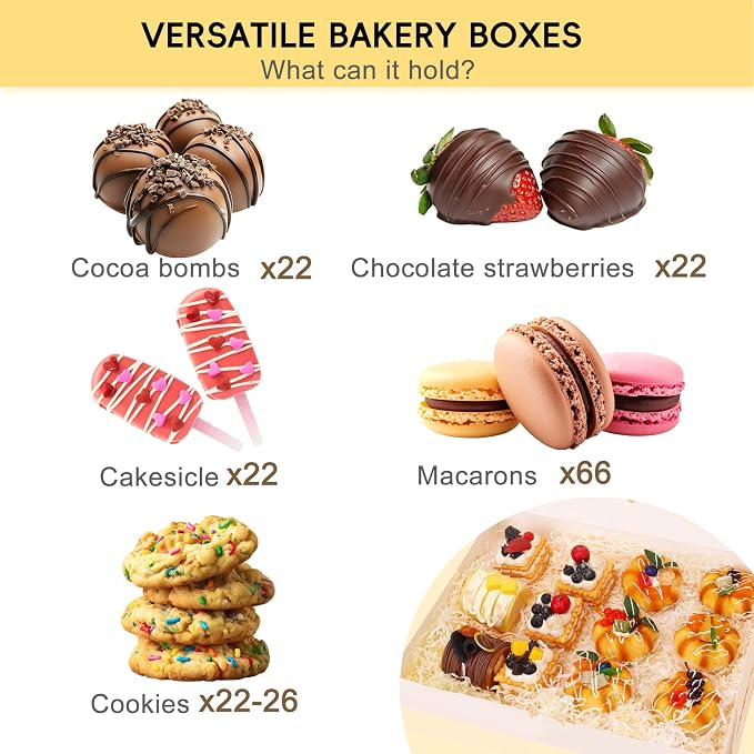 Moretoes 60pcs 16x11x2.5 Inch Cookie Boxes (Not Popup), Bakery Boxes with 3 Style Window for Pastries, Pies, Muffins, Chocolate Covered Strawberries