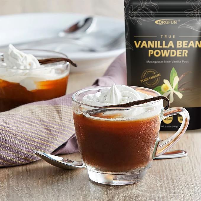 ORGFUN Vanilla Bean Powder 3.53 Oz, Native Ground Madagascar Vanilla Powder Pure Natural No Fillers or Additives Great for Baking, Desserts, Coffee Vegan Gluten Free 100G (Pack of 2)