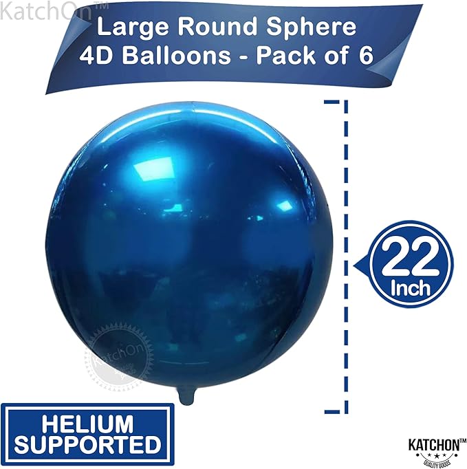 KatchOn, Metallic Blue Mylar Balloons - Big 22 Inch, Pack of 6 | Round Ramadan Balloons for Ramadan Decorations | Eid Decorations, Blue Party Decorations | Baby Shower, Blue Birthday Decorations