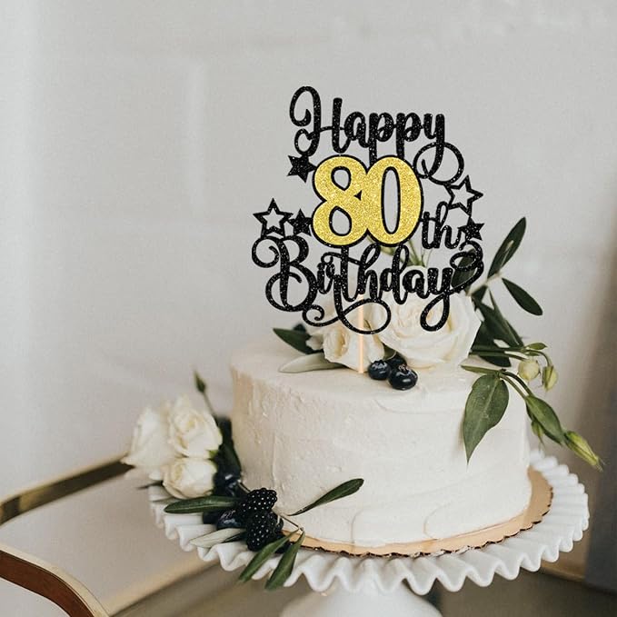 1 PCS Happy 80th Birthday Cake Topper Black Gold Glitter Cheers to 80 Years Birthday Cake Pick Hello 80 Fabulous Cake Decoration for Happy 80th Birthday Anniversary Party Decorations Supplies