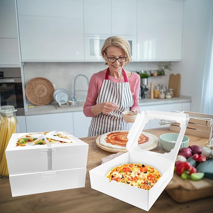 Pack of 22 White 9x9x2.5 Inches Cookie Boxes with Window in Two Styles Includes Banderole and Thank You Stickers