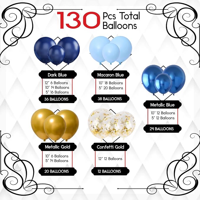 Archloon Blue Balloon Arch Kit, 134pcs Blue Balloon Garland Kit with Metallic, Macaron blue Balloons and Gold Confetti Balloons Arch Kit for Birthday, Wedding, Bridal and Baby Shower.