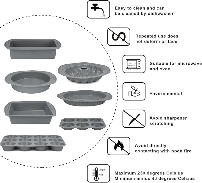 Aschef 9 in 1 Nonstick Silicone Baking Set - Ring Cake Pan, Cookie Sheet, Molds & Tray | Heat Resistant Bakeware Kit for Muffin, Loaf, Bread, Pizza, Cupcake