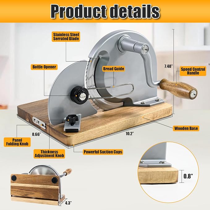 Manual Bread Slicer,Multi-Functional Foldable Hand-Cranked Bread Slicer with Steel Guard Plate and Non-Slip Base Pad Features Adjustable Thickness with Scale Lines for Even slicing Homemade(Gray)