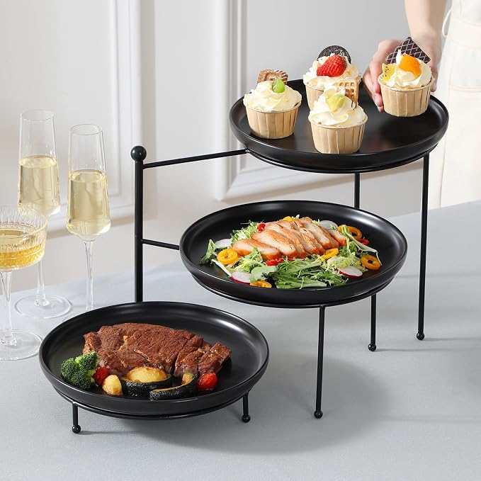 MALACASA Black 3 Tier Serving Tray Stand, 10 Inch Porcelain Tiered Dessert Stand, Cupcake Fruit Display Tower, Serving Platters for Party, Food Display Stand, Appetizer Tray, Dessert Table Display