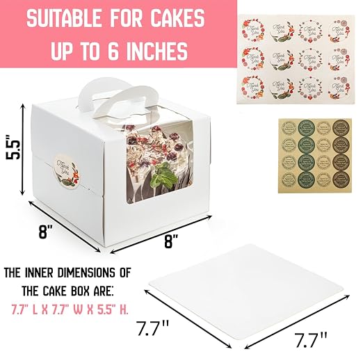 40 Pack Cake Boxes with Boards (20 Boxes + 20 Boards), 8 x 8 x 5.5 Inch Bakery Boxes with Clear Window, Stickers, Disposable Tall Square Cake Container for Cake, Donut, Pie