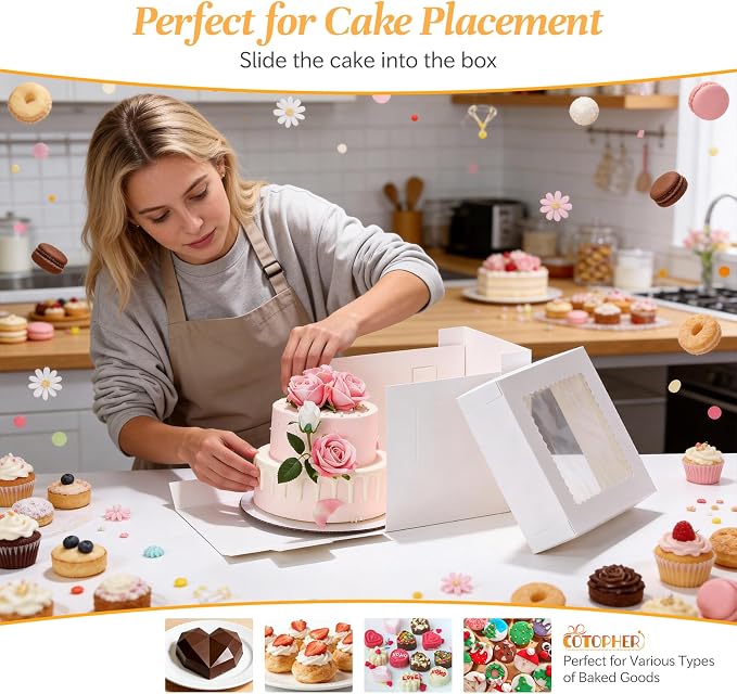COTOPHER 16 Pcs Cake Boxes, 10x10x10 Inches Tall Cake Box with Window (8 Boxes & 8 Boards), Square Cake Containers for Multi-Layer Cakes Pastry, Birthday Party, Mother's Day, Weddings