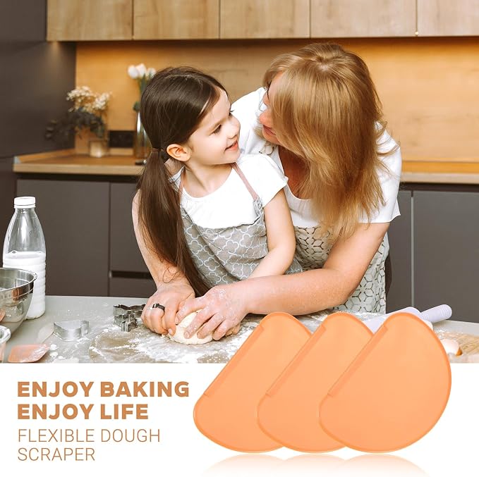 3PCS Dough Scraper Set, Plastic Flexible Bread Dough Scraper Tool | Bowl Scraper with Curved Edge, Kitchen Bench Scrapers for Bread Sourdough Cake Batter Pastry Cheese, Orange