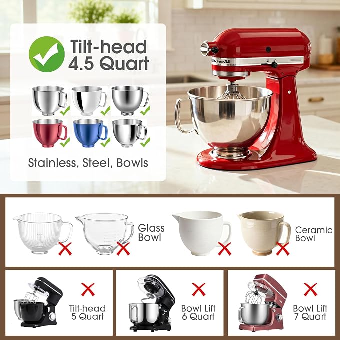 Snuggery 3Pcs 4.5QT Silicone Bowl Liner for KitchenAid Tilt-Head Stand Mixers – Food-Grade Silicone Insert with Sealable Lid, Vent Holes & ml Markings – Heat-Resistant, Stackable Design