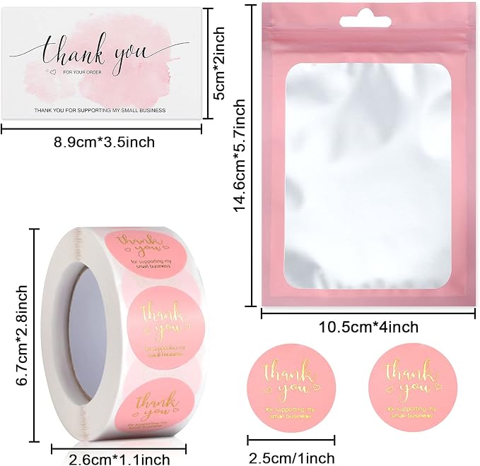 Outus 620 Pieces Thank You for Supporting My Small Business Cards and Stickers Set, Thank You Gold Foil Stickers with Resealable Packaging Bag for Business Owners Packaging Supplies (Pink)
