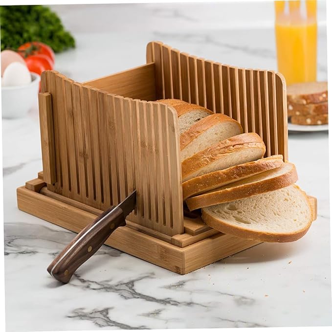 DECHOUS Bamboo Bread Slicer Guide with Crumb Tray Adjustable Loaf Slice Cutter for Homemade Bread Toast Bagels Sandwiches Foldable Kitchen Cutting Board 13.77 X 8.07 X 6.10 in