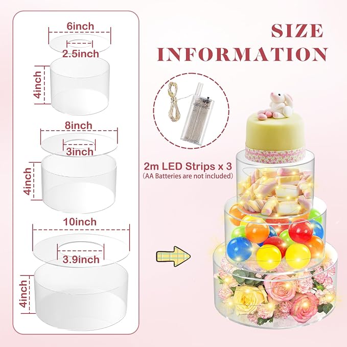 SAMYUCHO Acrylic Cake Stand with Led Lights, 3 PCS Round Cake Riser | 6"Dx4"H 8"Dx4"H 10"Dx4"H, Tight Lid Design, DIY Decoration, Reusable Clear Display Cake Tier, For Party Wedding
