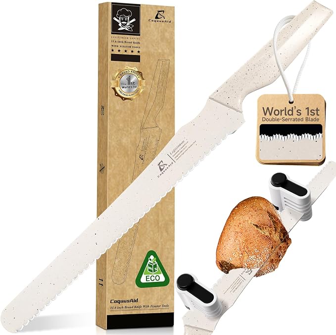 CoquusAid Upgrade Bread Knife for Homemade Bread, World‘s 1st Double Serrated Knife with 5 Thickness Adjustable Slicing Guide, Stainless Steel Bread Cutter, Razor Sharp for Sourdough, Creamy White