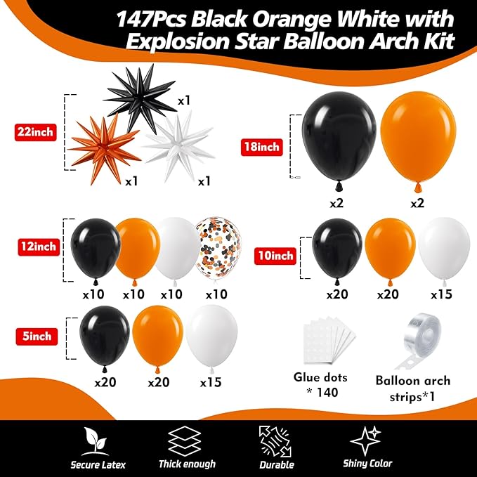 Black White Orange Balloon Arch Kit, 140Pcs Black Orange White Halloween Balloon Garland kit, 18 12 10 5 Inch Different Size Balloons for Halloween Birthday Thanksgiving Day Party Decorations