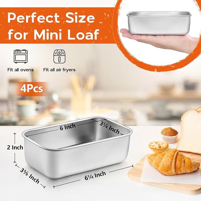 Onader Bread Loaf Pan Set of 4, Stainless Steel Mini Loaf Pan, Small Banana Bread Tins, 6¼ x 3⅝ Inch Meatloaf Pan, Non Toxic, Oven & Dishwasher Safe