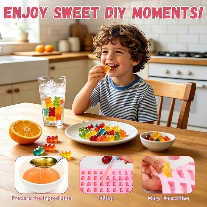 CAKETIME Gummy Bear Mold Silicone, Bear Snack Molds Gummies Trays Molds with Dropper for Candy Chocolate, 4Pcs Medium & Mini