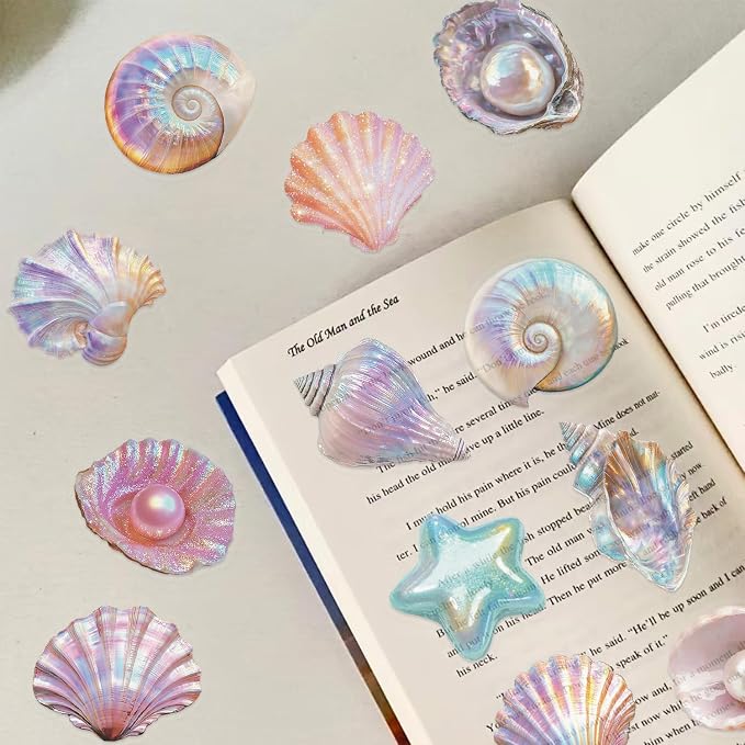 Seashell Stickers Pack, 50PCS PET Transparent Iridescent Conch Shell & Starfish Vinyl Decals, Waterproof Glittering Aesthetic Stickers for Scrapbooking, Water Bottle, Laptop, Phone Case Decor