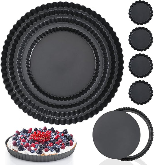 Ziliny 8 Pcs Non Stick Tart Pan with Removable Bottom 4'' 9.5" 10" 11" 12.6" Quiche Baking Dish Round Carbon Steel Mini Pie Pans Fluted Edges for Mousse Cakes Dessert Baking Tool Christmas Party