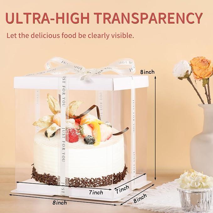 JCD 7" X 7" X 8" Ideal for 4" and 5" Inch two Layer Tiered Cakes Box,6 Pcs Transparent Cake Box with Ribbon for Pastries-Clear Boxes with Lid for Party and Display (White Lid, 7 * 7 * 8inch/6Pcs)